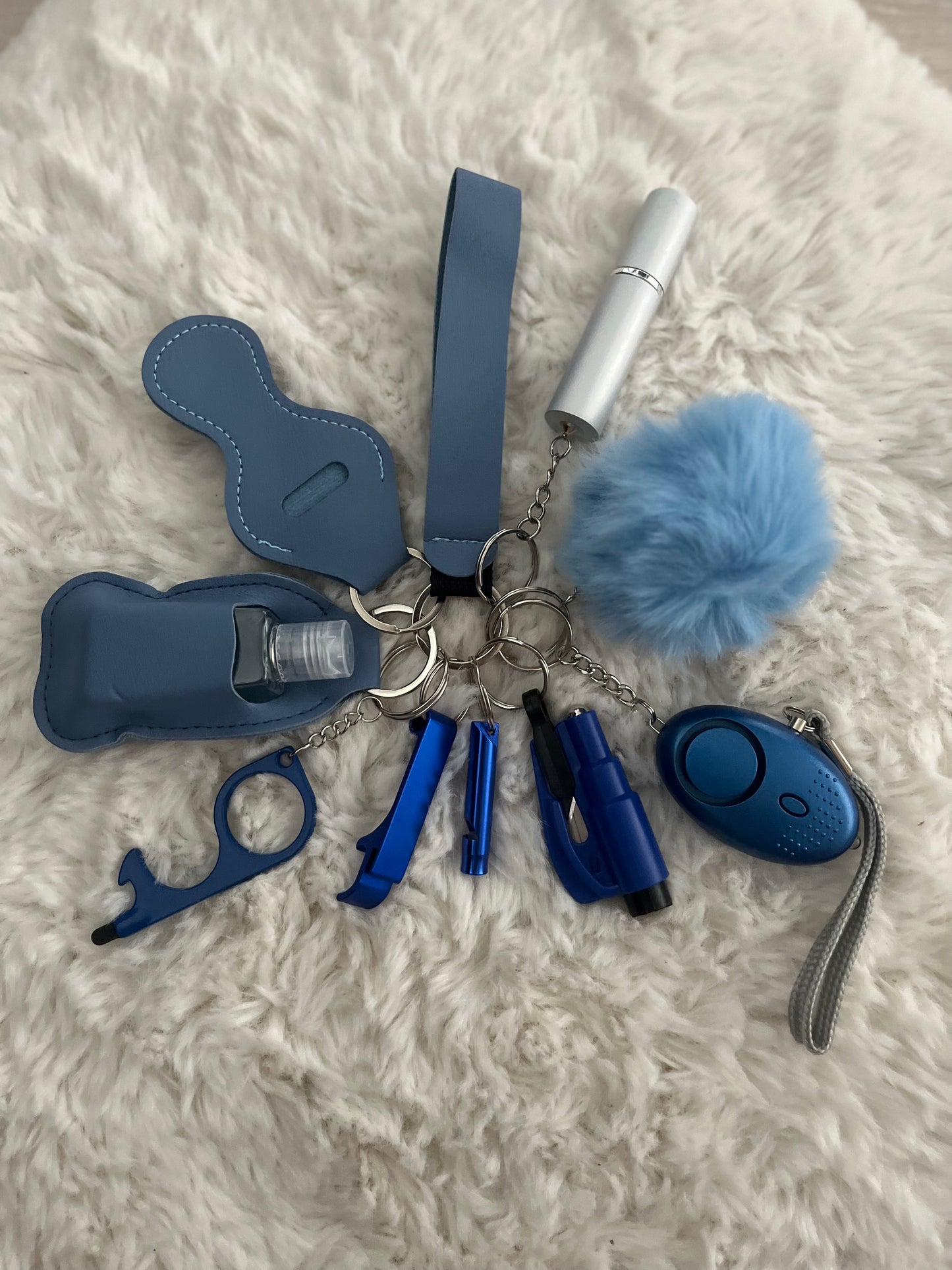 Blue Leather Safety Keychain/10 in 1 Keychain Set With Personal Alarm (Battery Included)