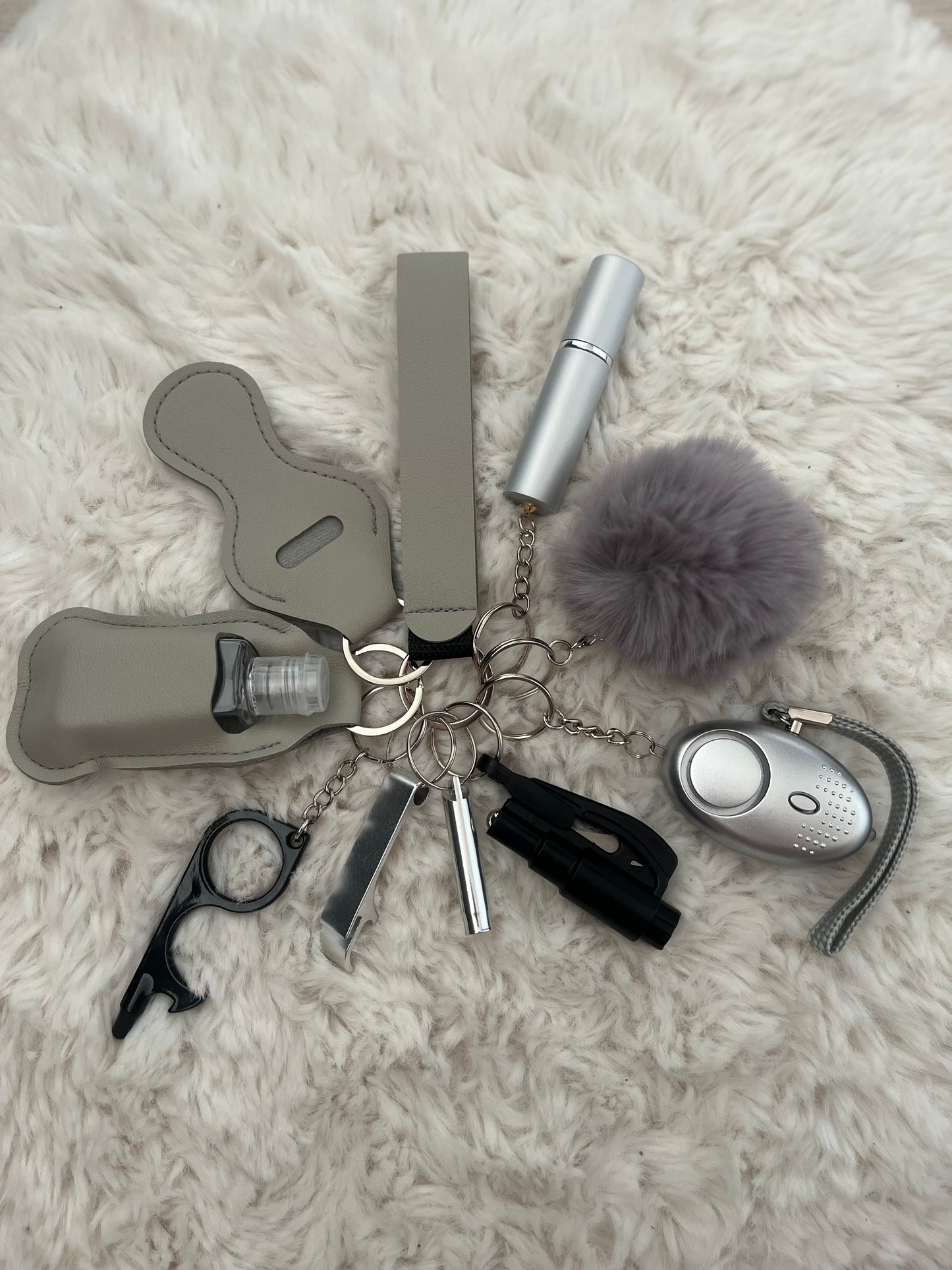 Grey Leather Safety Keychain/10 in 1 Keychain Set With Personal Alarm (Battery Included)