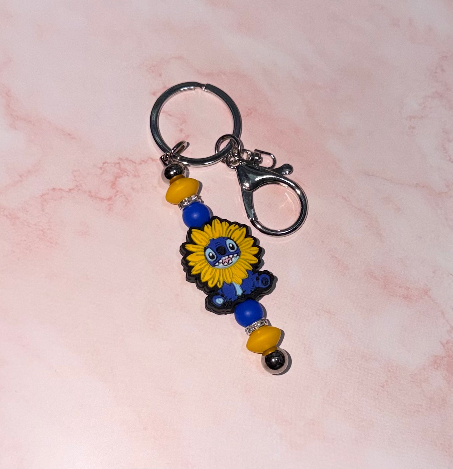 Blue Monster Sunflower Beaded Keyring