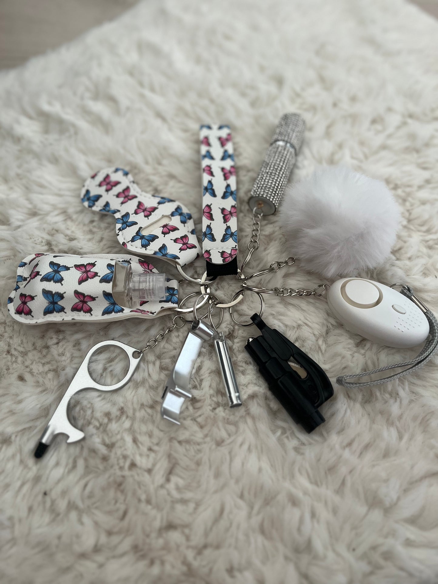 White Butterfly Safety Keychain/10 in 1 Keychain Set With Personal Alarm (Battery Included)
