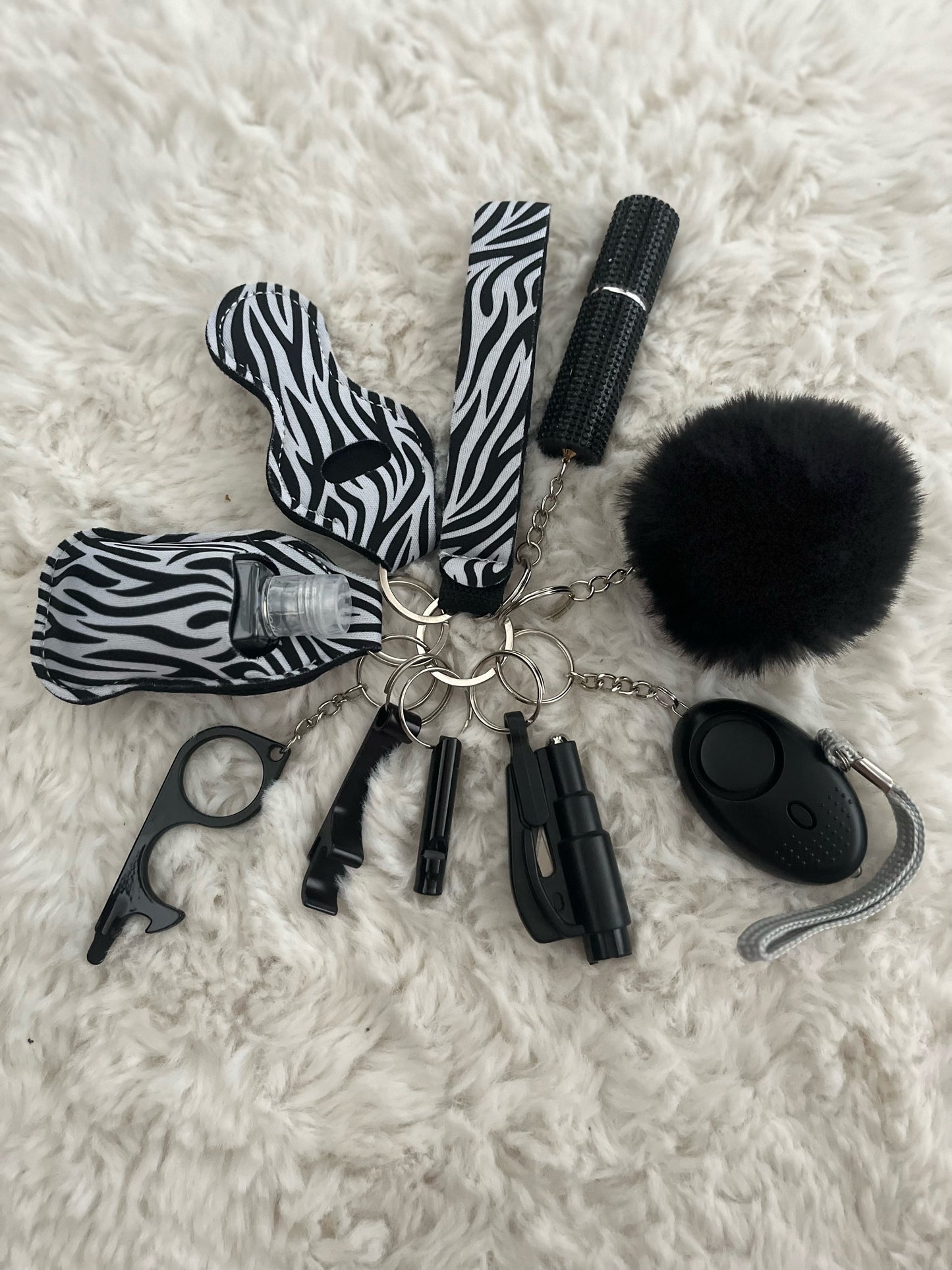 Zebra Print Safety Keychain/10 in 1 Keychain Set With Personal Alarm (Battery Included)