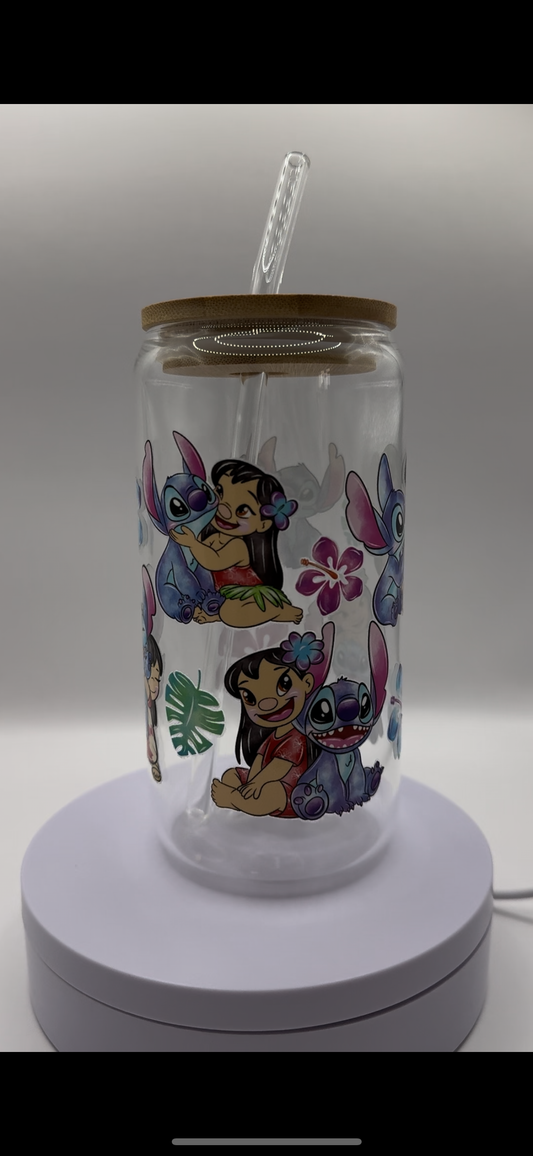 Blue Alien with Girl + Flowers 16oz Glass Cup