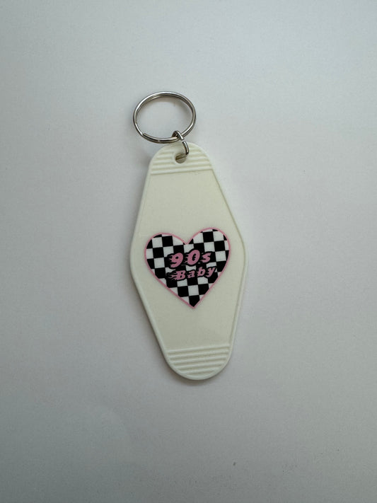 90's Baby Checkered Love Heart Motel Keyring