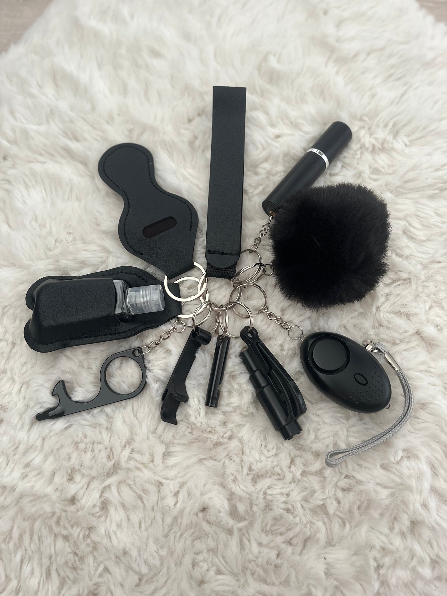 Black Leather Safety Keychain/10 in 1 Keychain Set With Personal Alarm (Battery Included)