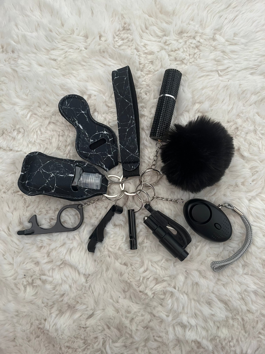 Black Marble Safety Keychain/10 in 1 Keychain Set With Personal Alarm (Battery Included)