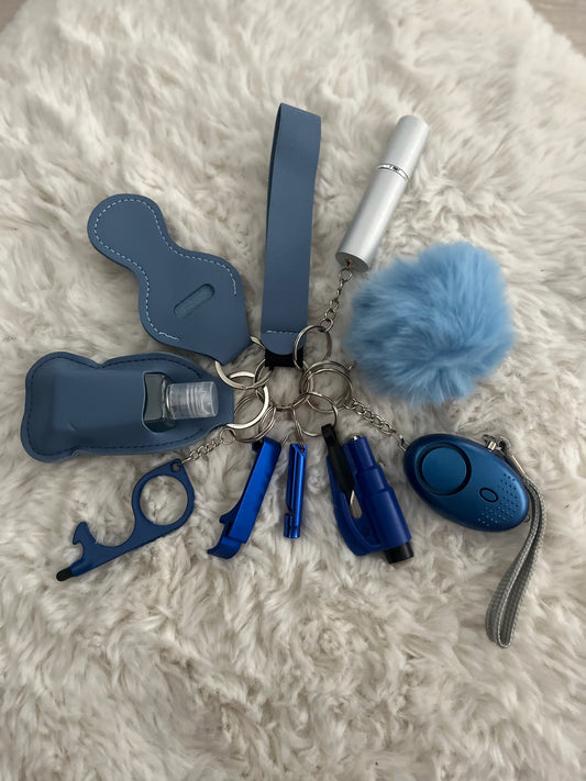 Blue Leather Safety Keychain/10 in 1 Keychain Set With Personal Alarm (Battery Included)
