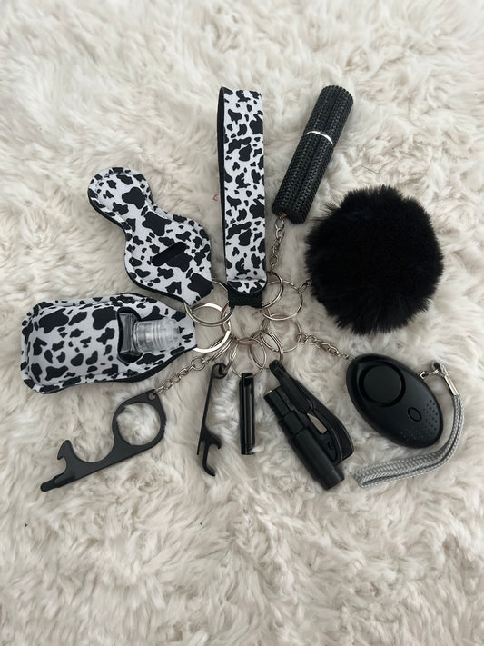 Cow Print Safety Keychain/10 in 1 Keychain Set With Personal Alarm (Battery Included)