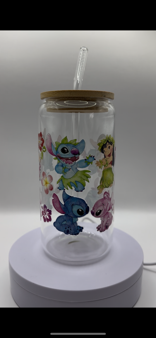 Blue + Pink Aliens with Girl 16oz Glass Cup