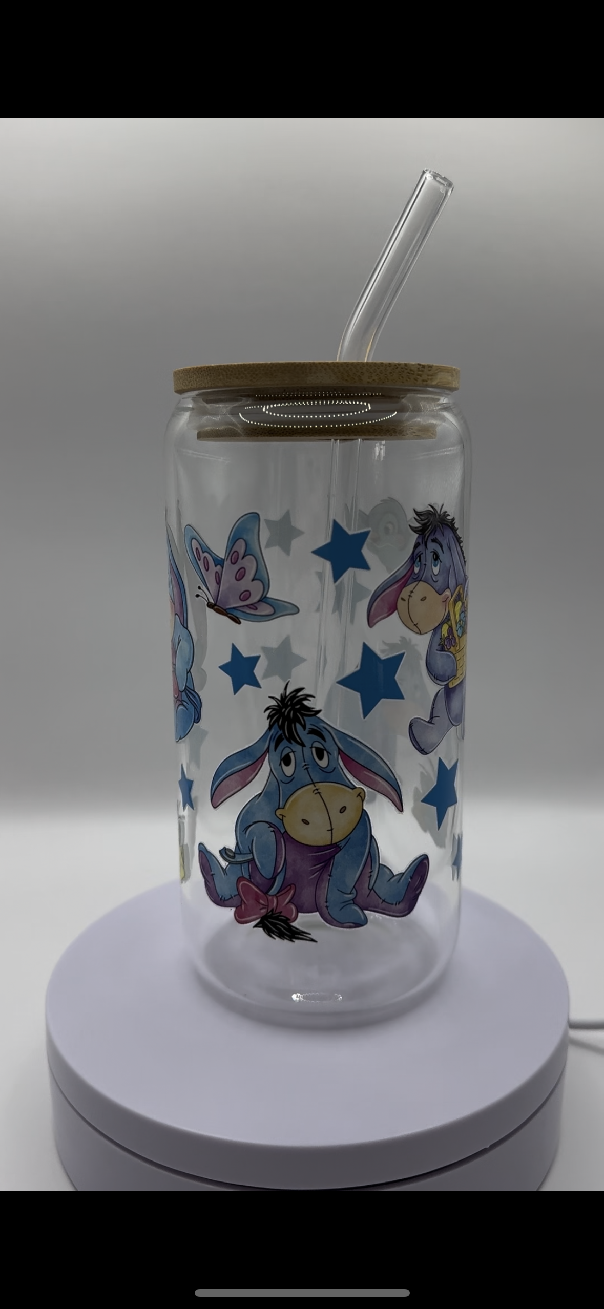 Blue Donkey with Stars 16oz Glass Cup