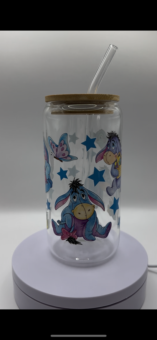 Blue Donkey with Stars 16oz Glass Cup