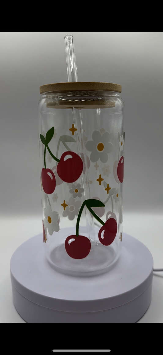 Cherries + Flowers 16oz Glass Cup