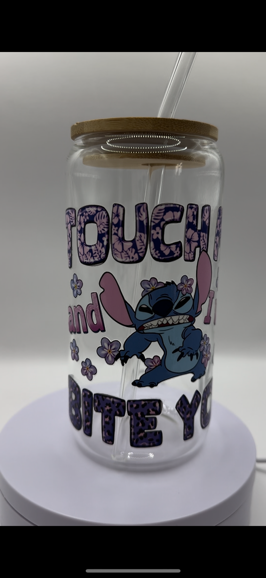 Blue Alien Touch Me and I will Bite You 16oz Glass Cup