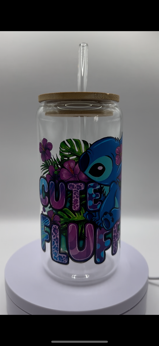 Blue Alien Cute + Fluffy 16oz Glass Cup