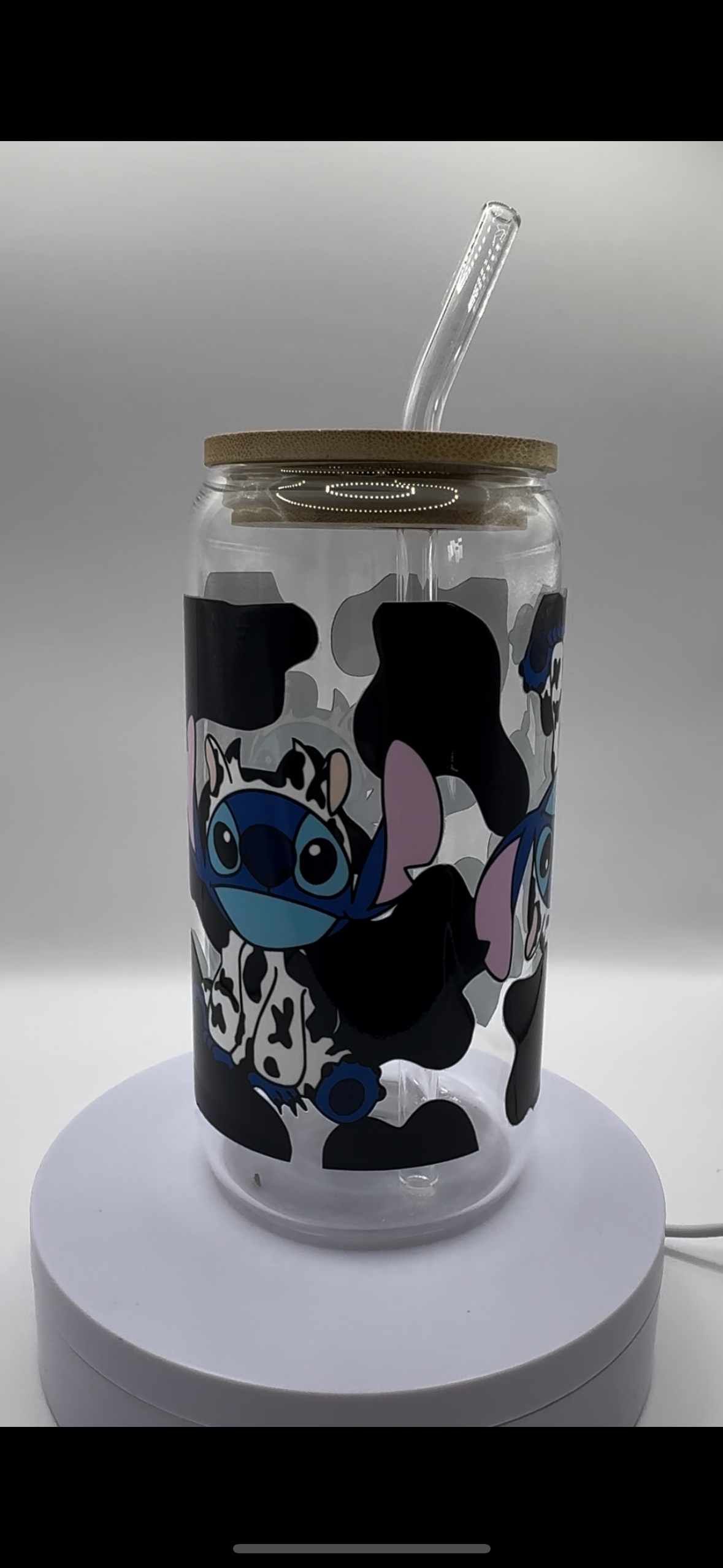 Blue Alien Cow Print 16oz Glass Cup