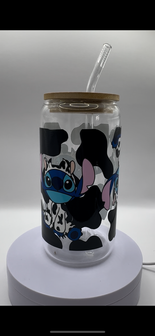 Blue Alien Cow Print 16oz Glass Cup