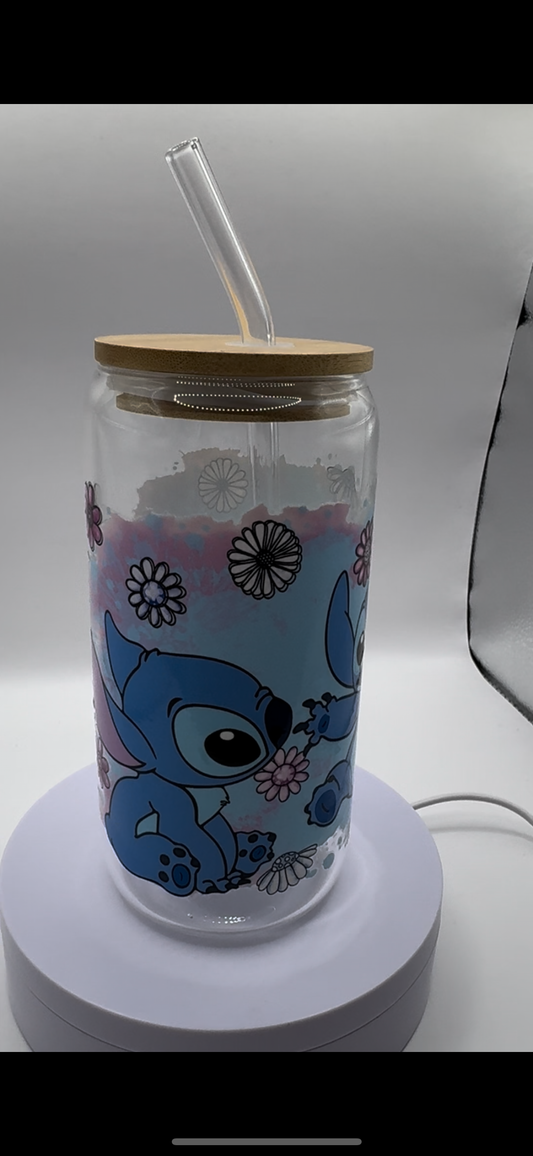 Blue Alien with Pink + White Flowers 16oz Glass Cup
