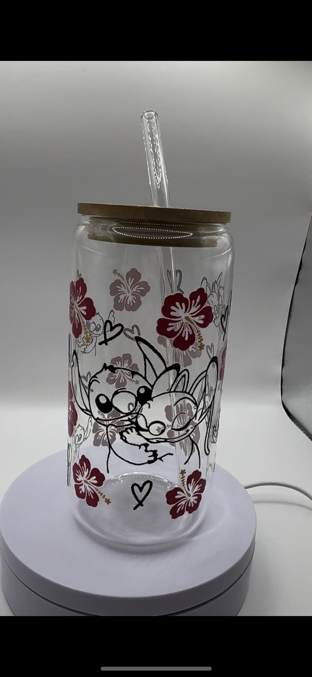 Blue + Pink Alien with Love Hearts and Flowers 16oz Glass Cup