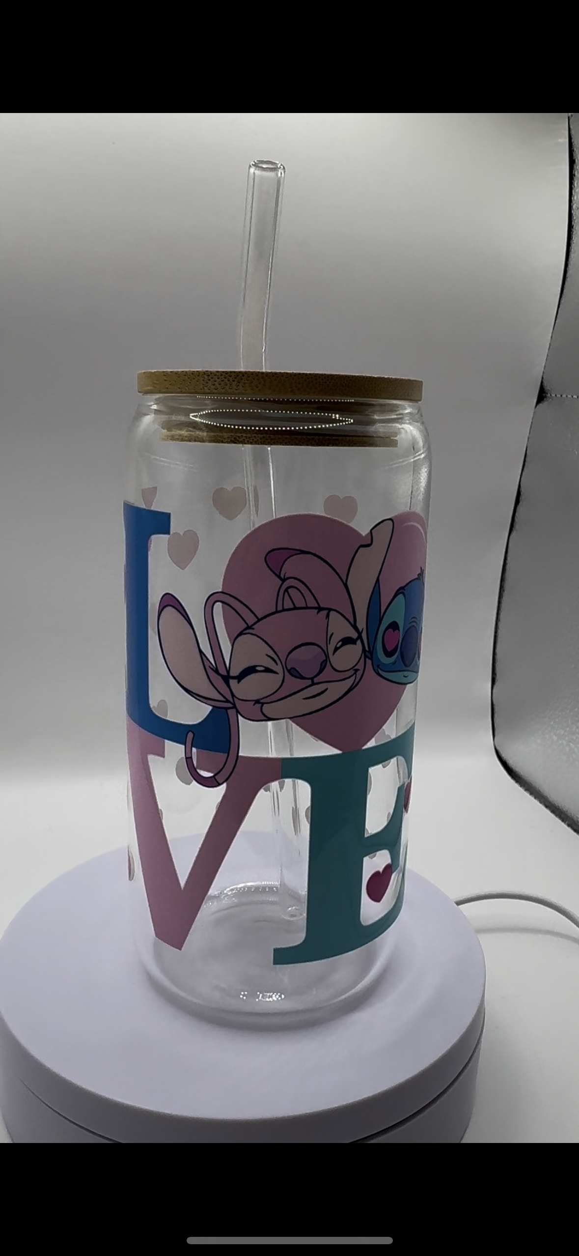 Blue + Pink Alien LOVE with Love Hearts 16oz Glass Cup