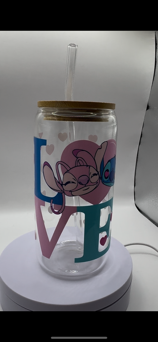 Blue + Pink Alien LOVE with Love Hearts 16oz Glass Cup