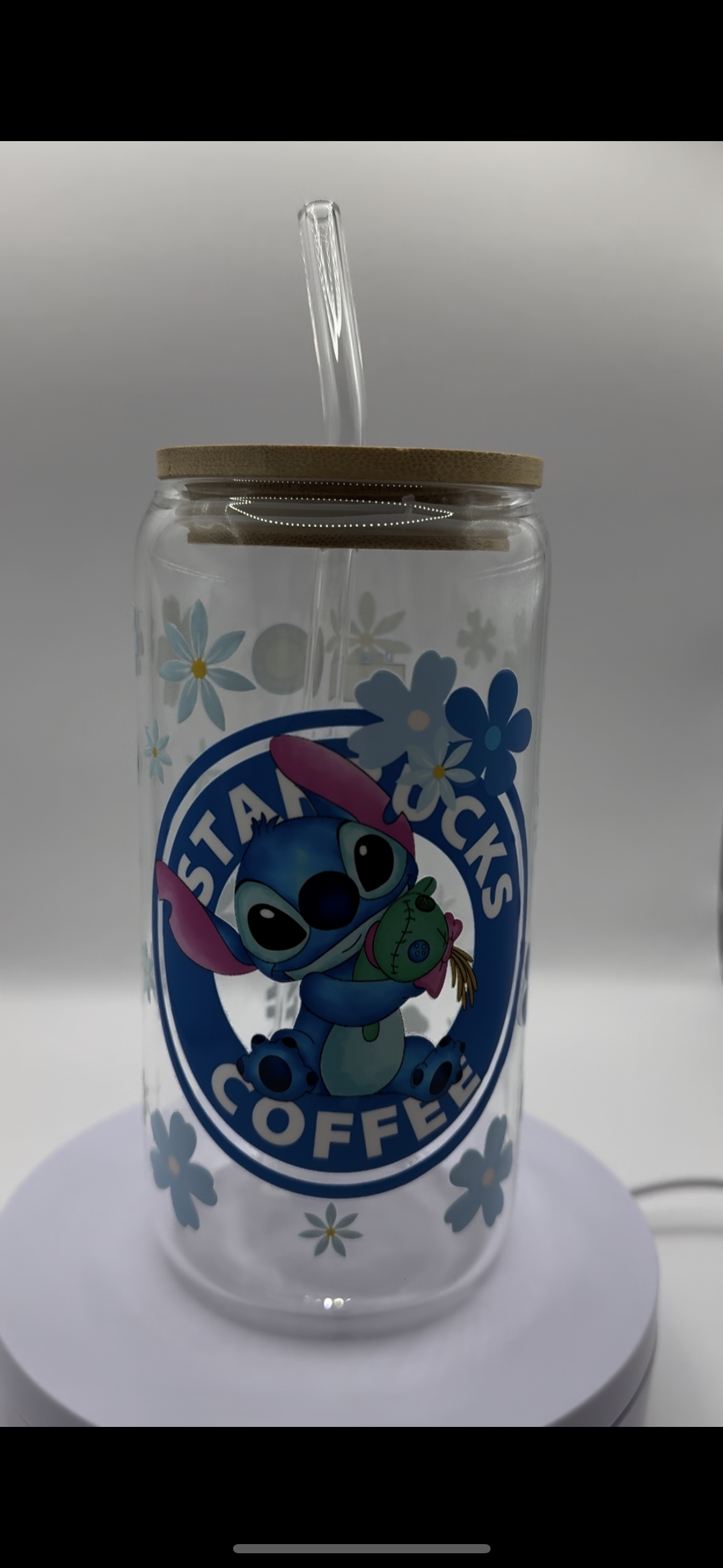 Blue Alien with Blue Flowers Coffee 16oz Glass Cup