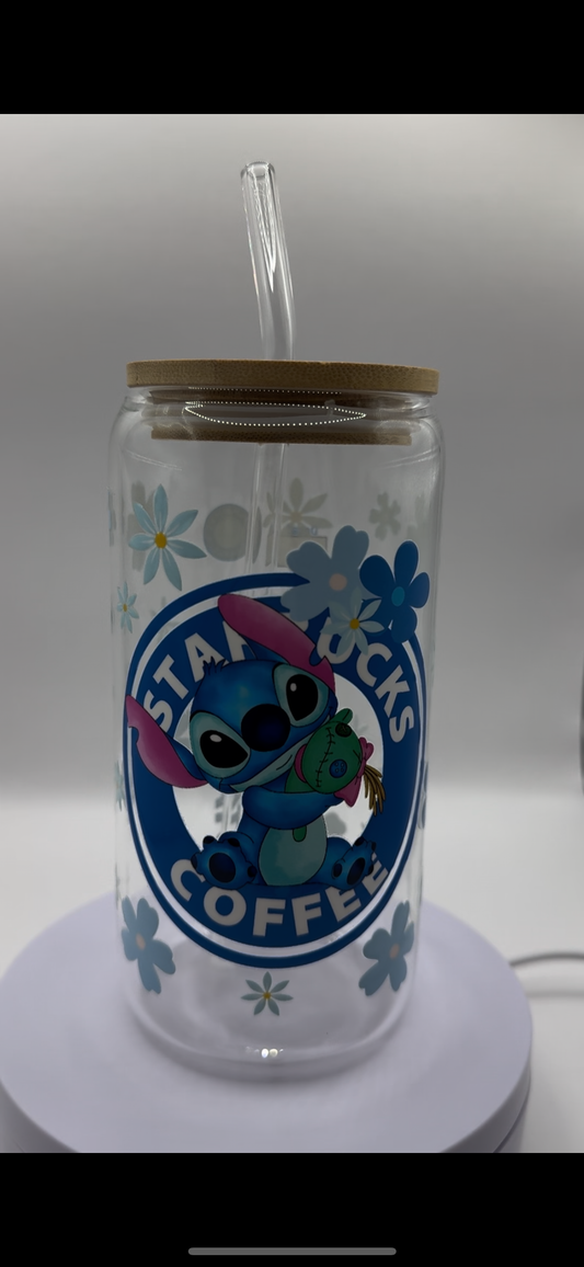 Blue Alien with Blue Flowers Coffee 16oz Glass Cup