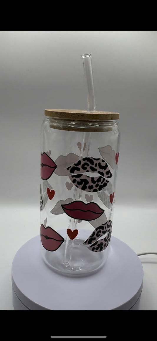 Lips + Love Hearts 16oz Glass Cup
