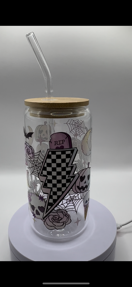 Checkered Lightning Bolt Halloween 16oz Glass Cup