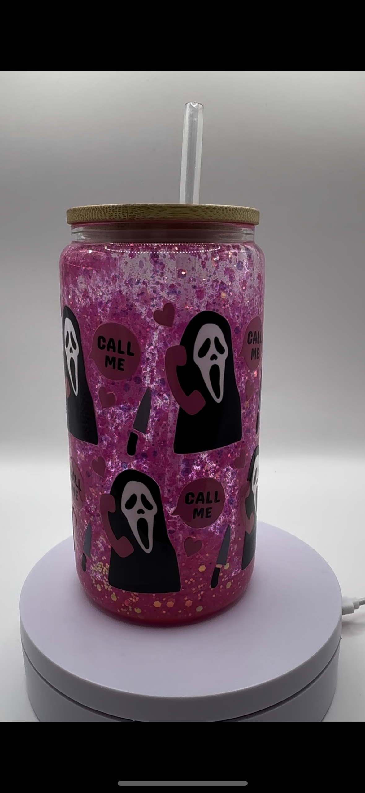 Pink Call Me Halloween 16oz Glass Snow Globe Cup