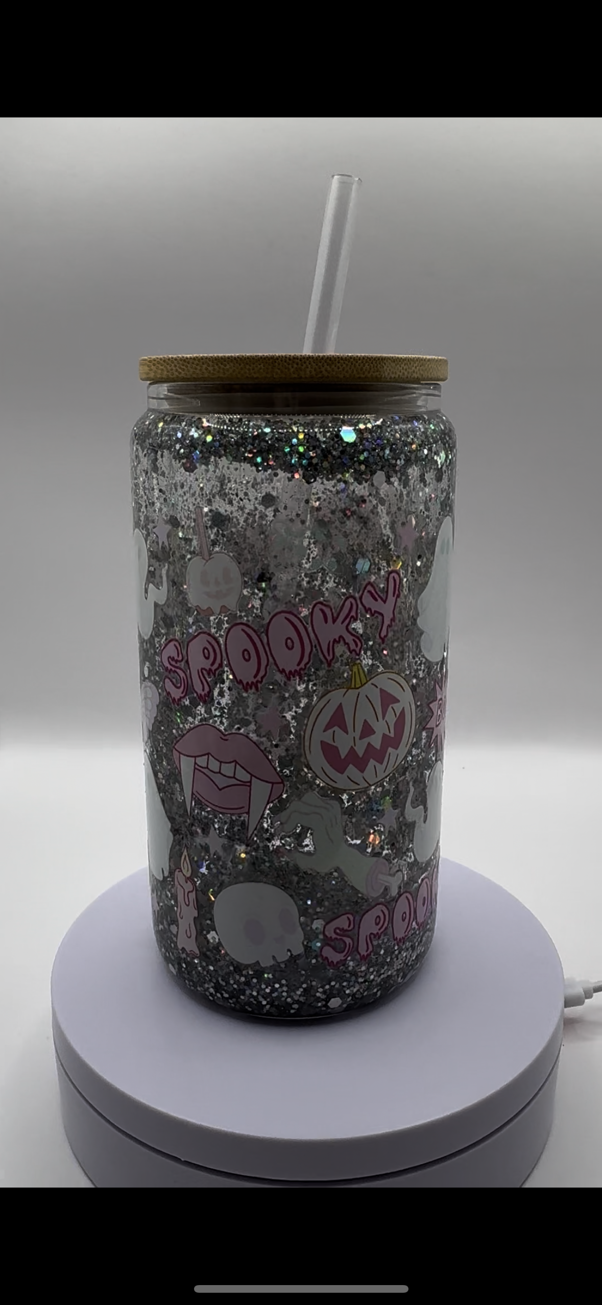Silver Spooky Halloween 16oz Glass Snow Globe Cup