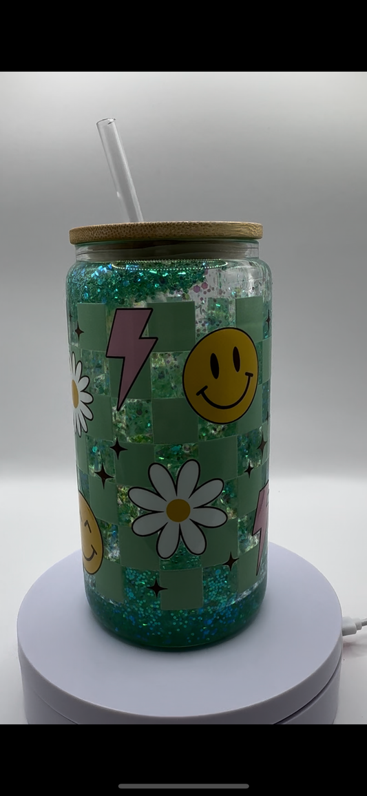 Green Checkered 16oz Glass Snow Globe Cup