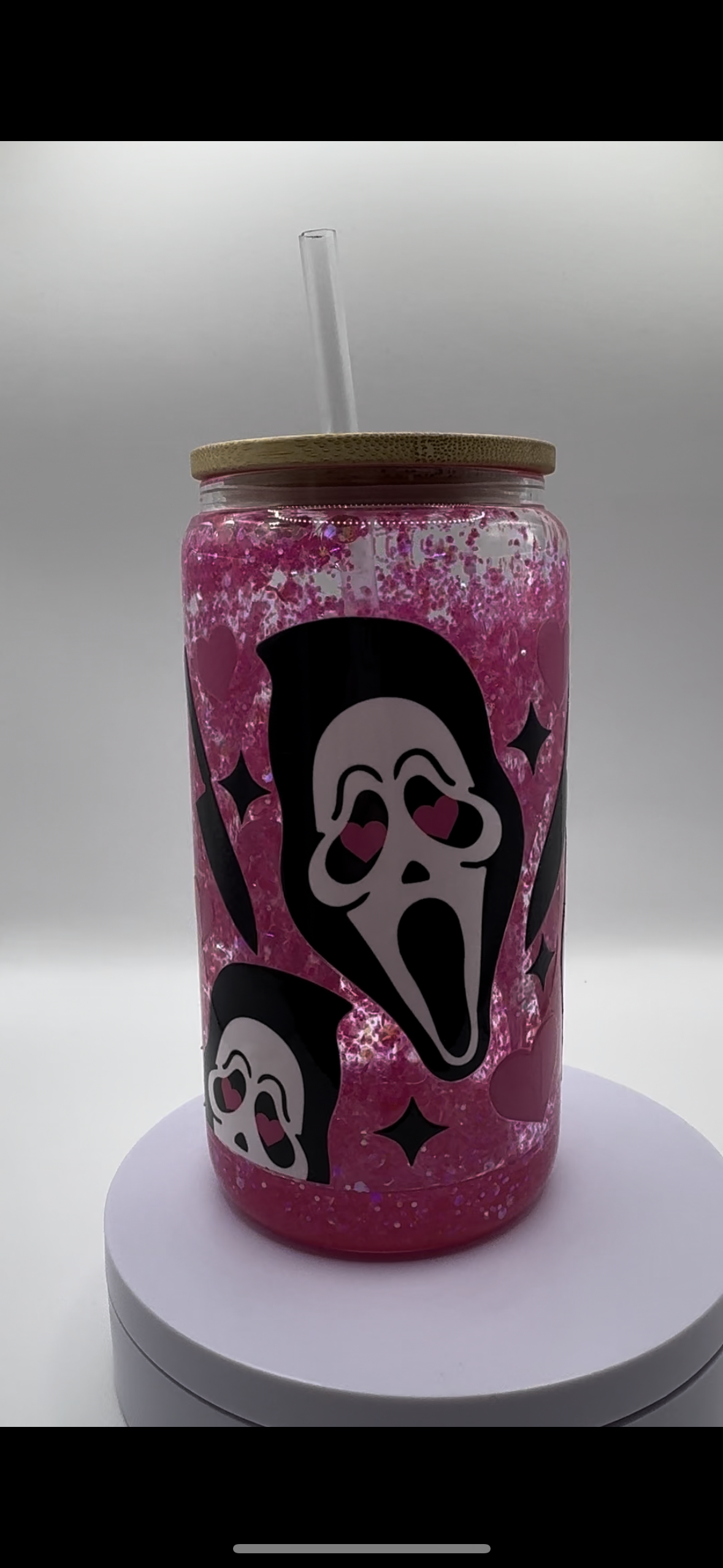 Pink Scream Halloween 16oz Glass Snow Globe Cup