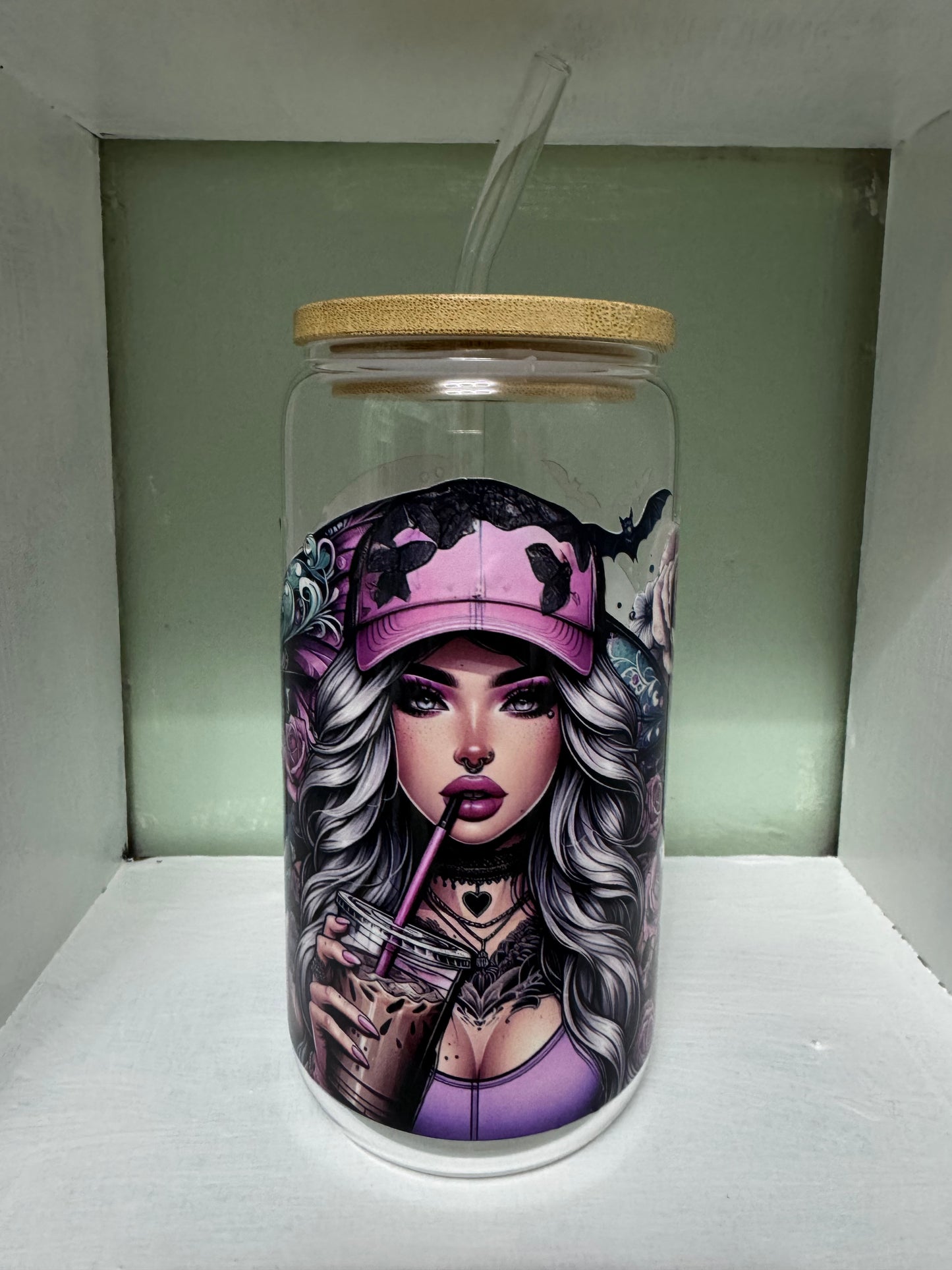 Girl, Skull and Butterfly 16oz Glass Cup