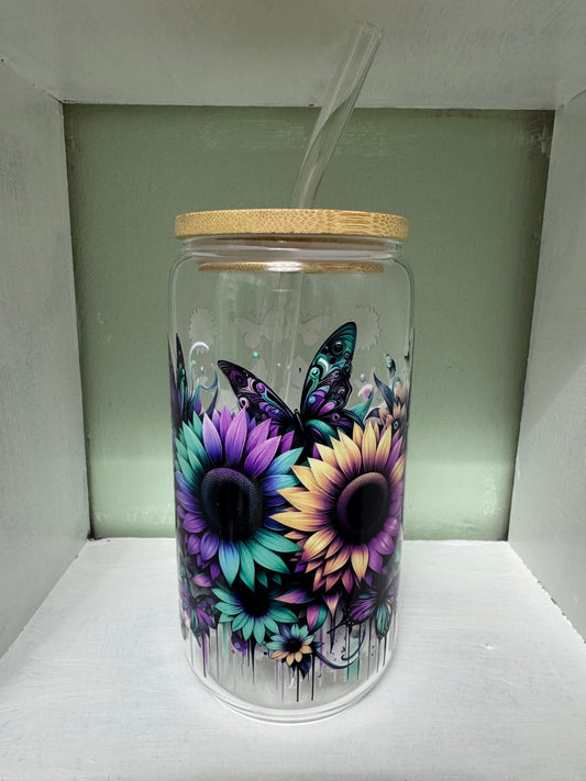 Sunflower and Butterfly 16oz Glass Cup