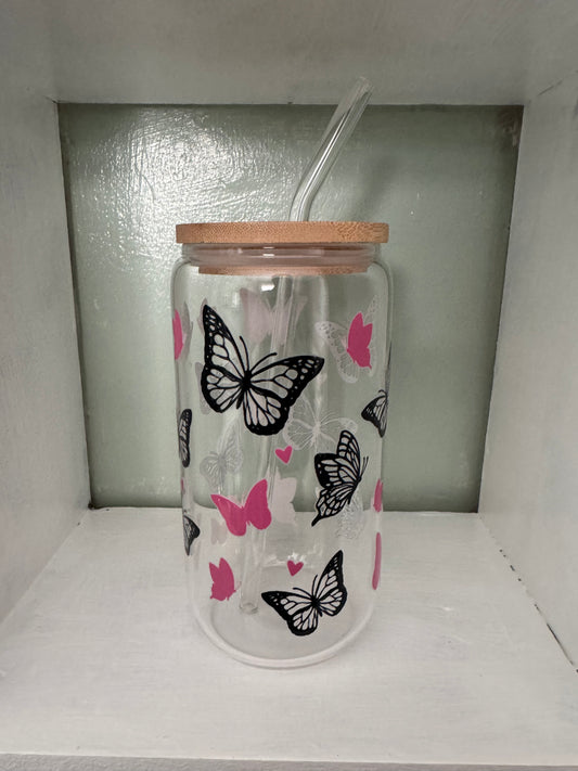 Black & Pink Butterfly 16oz Glass Cup