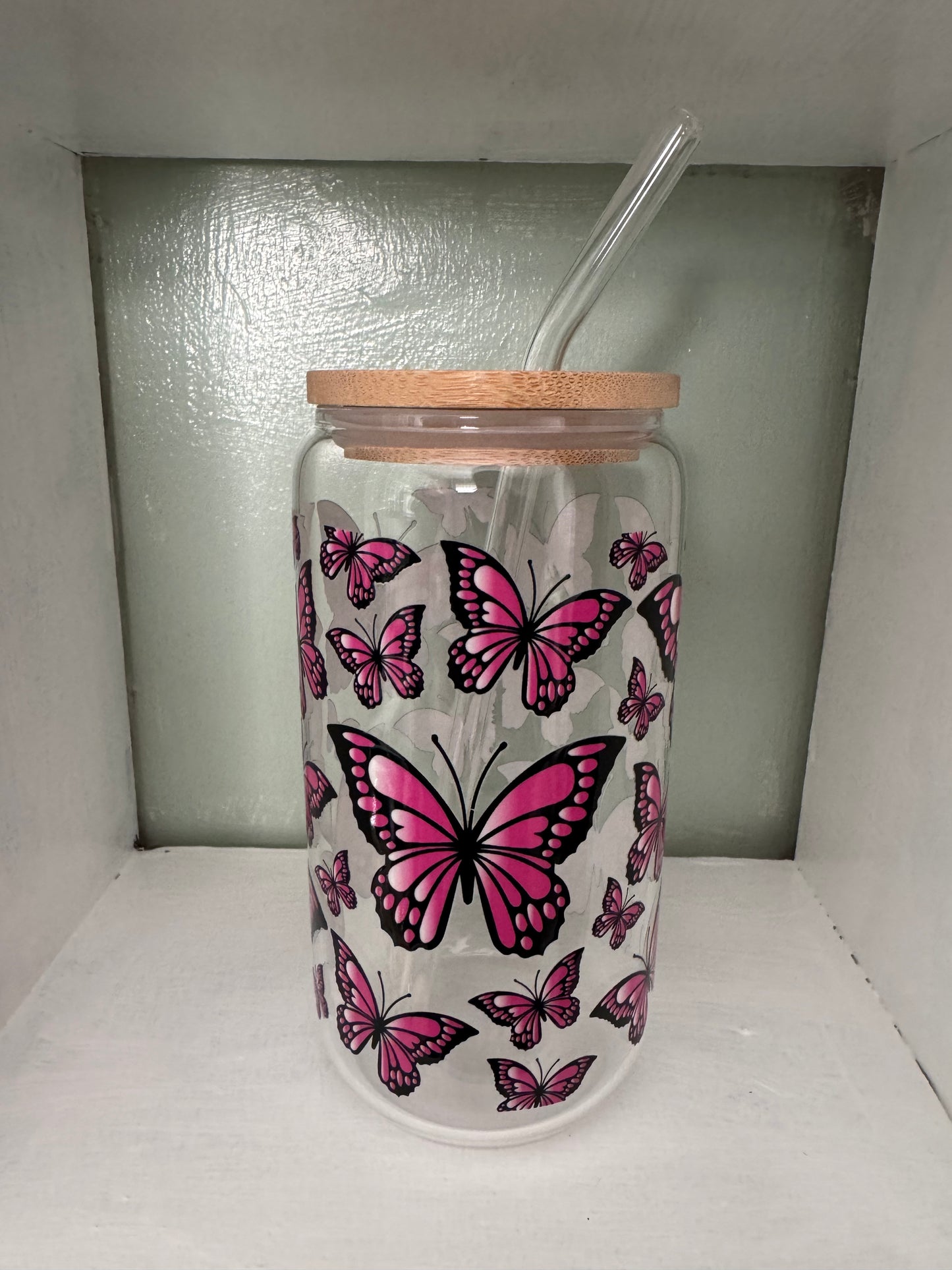 Hot Pink & Black Butterfly 16oz Glass Cup