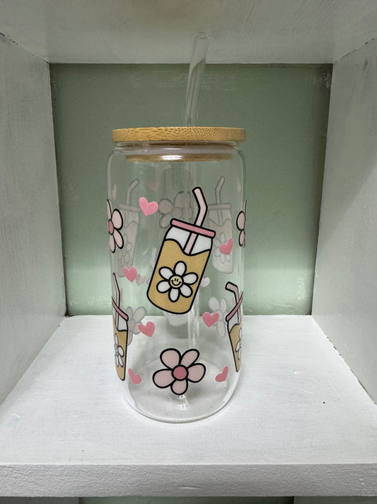 Iced Coffee & Flowers 16oz Glass Cup