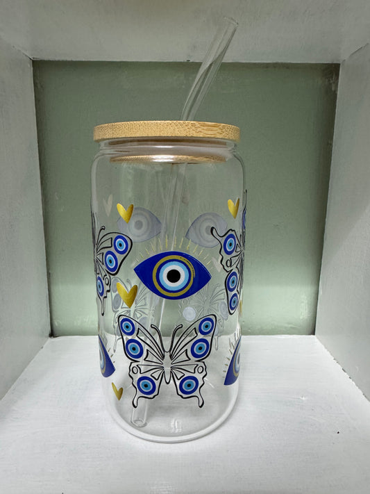 Evil Eye & Butterfly 16oz Glass Cup