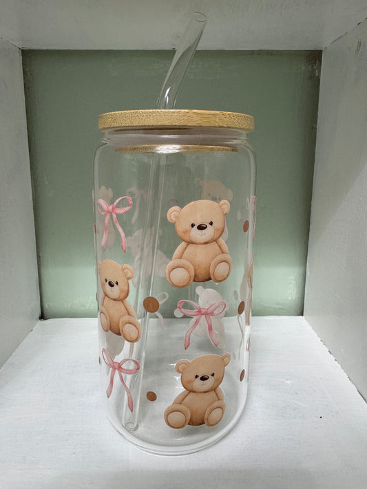 Teddy & Bows 16oz Glass Cup