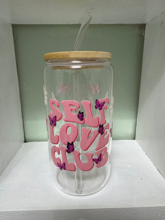 Self Love Club & Butterfly 16oz Glass Cup