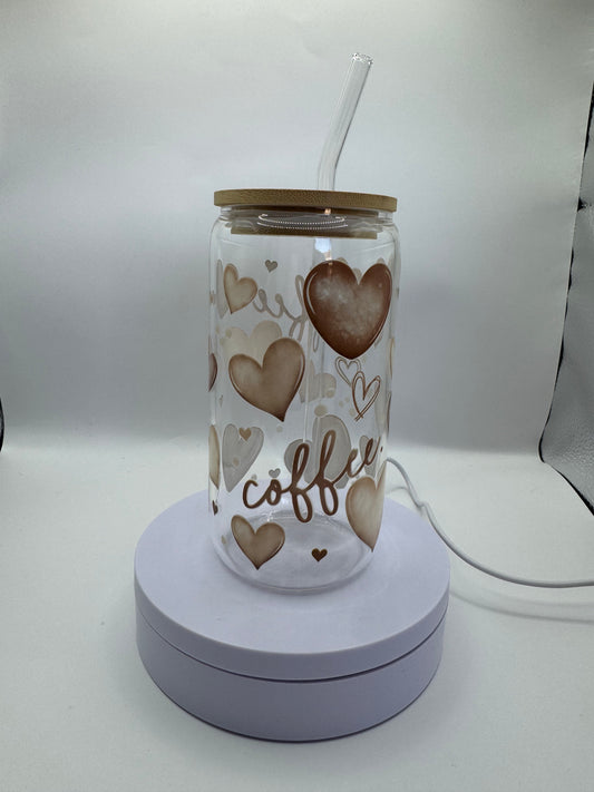 Coffee with Hearts 16oz Glass Cup