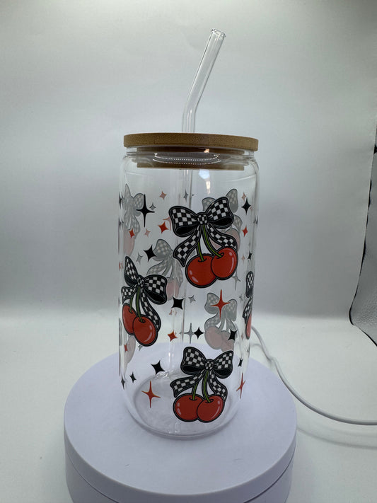 Checkered Bow Cherries 16oz Glass Cup