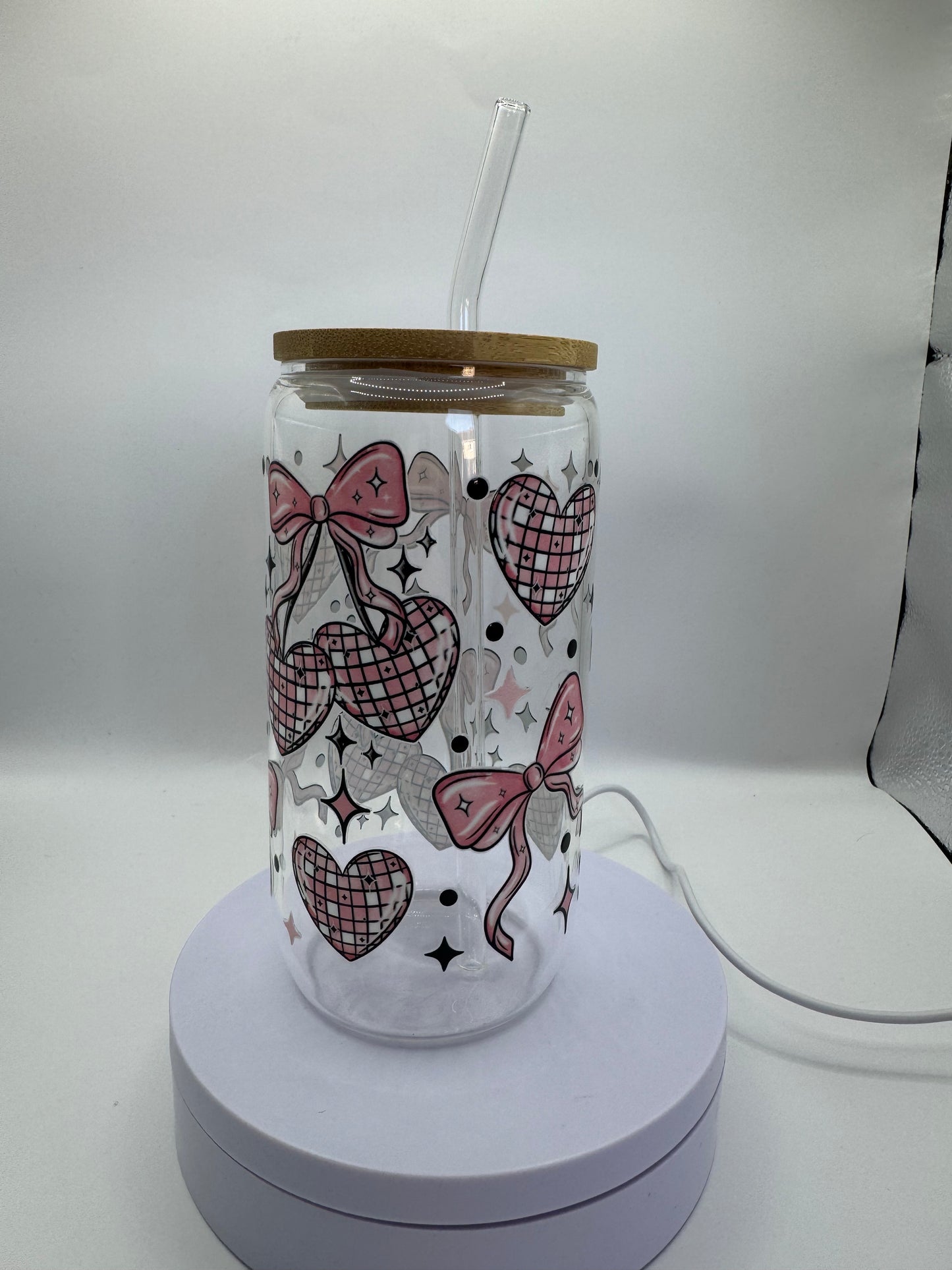 Disco Heart Bows 16oz Glass Cup