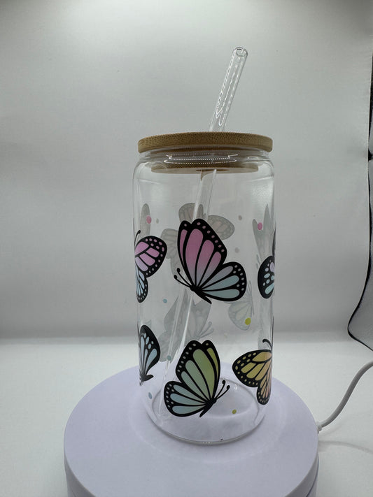 Multi Butterfly 16oz Glass Cup