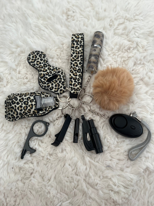Leopard Print Safety Keychain/10 in 1 Keychain Set With Personal Alarm (Battery Included)