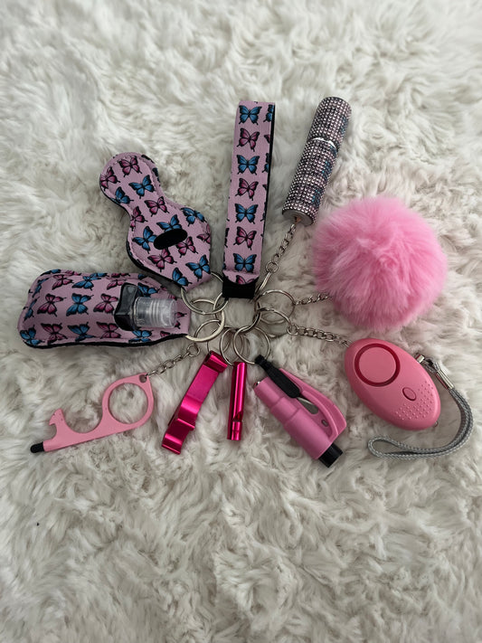 Pink Butterfly Safety Keychain/10 in 1 Keychain Set With Personal Alarm (Battery Included)