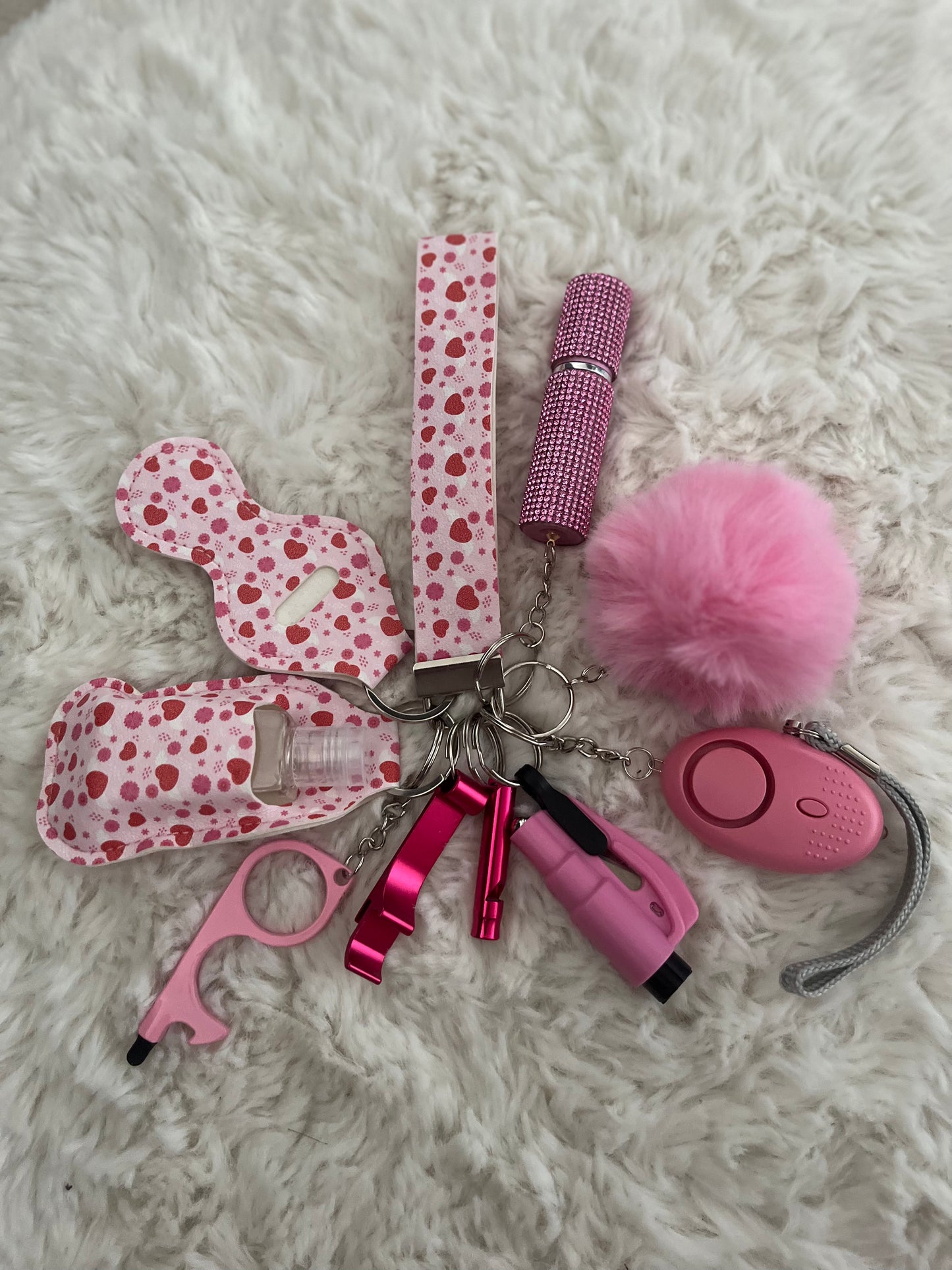 Pink Hearts Safety Keychain/10 in 1 Keychain Set With Personal Alarm (Battery Included)