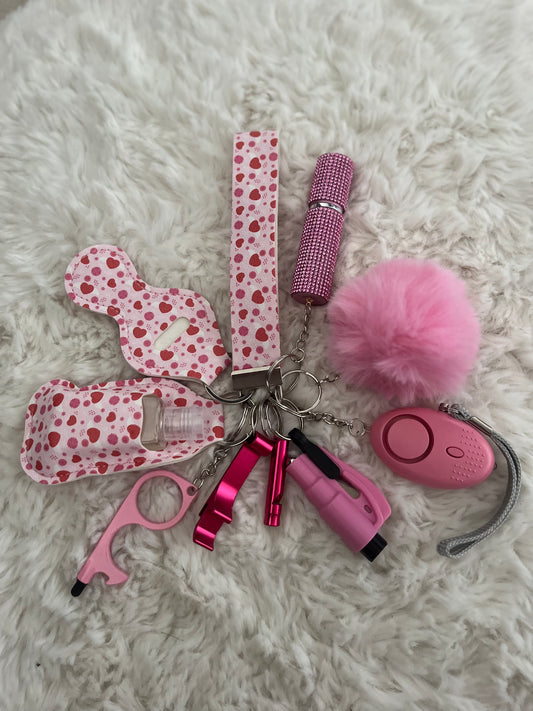 Pink Hearts Safety Keychain/10 in 1 Keychain Set With Personal Alarm (Battery Included)