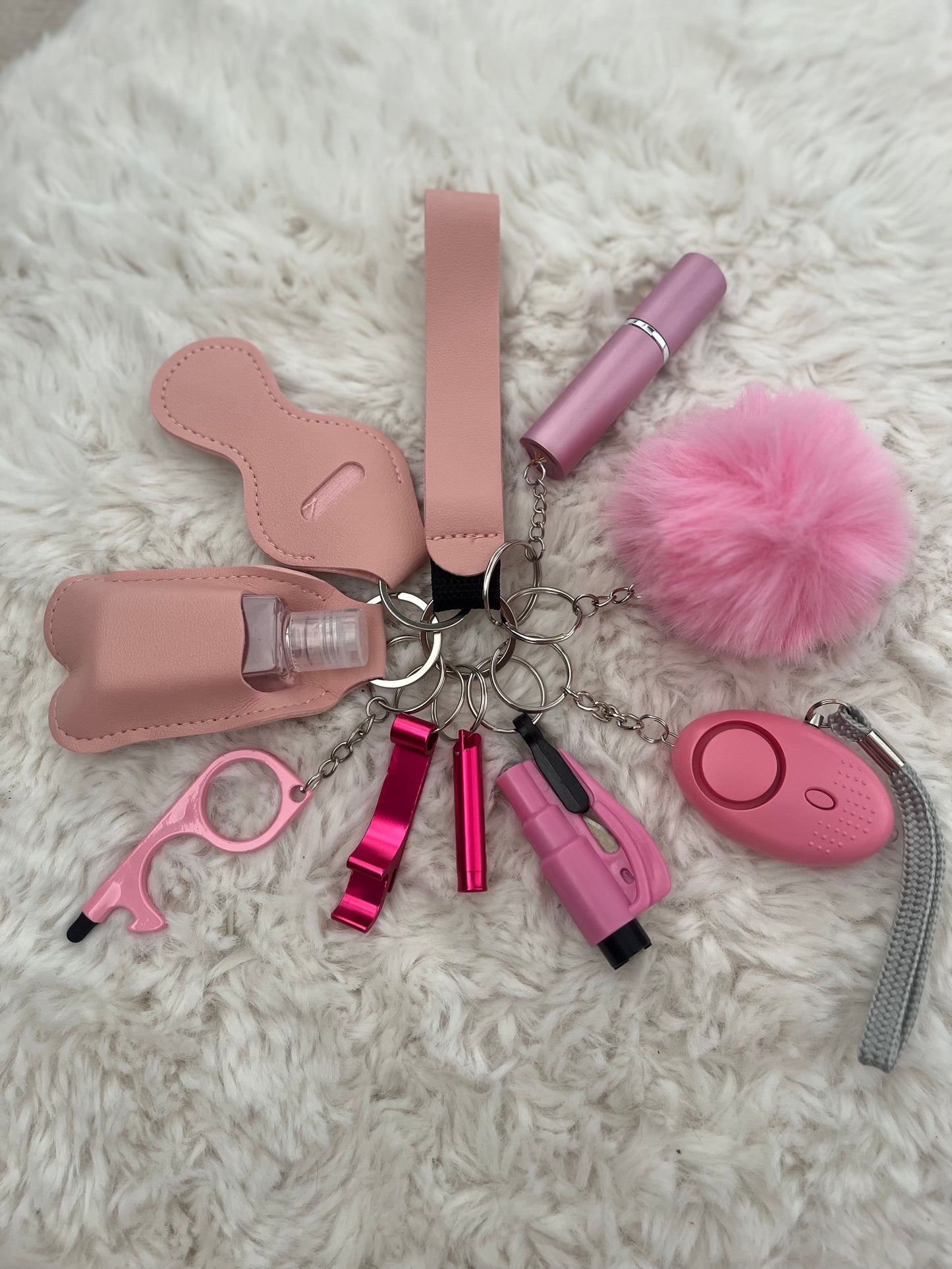 Pink Leather Safety Keychain/10 in 1 Keychain Set With Personal Alarm (Battery Included)