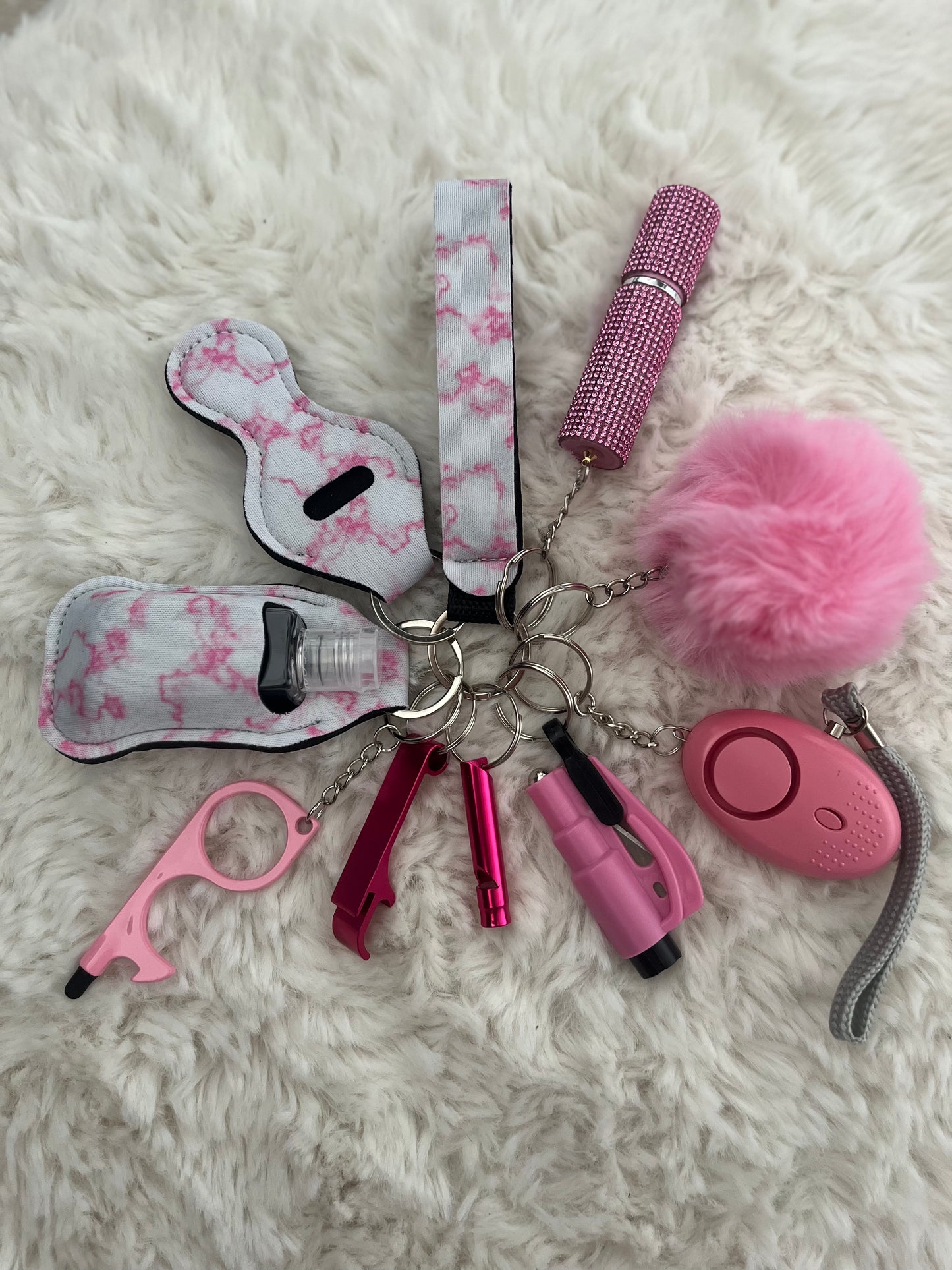 Pink Marble Safety Keychain/10 in 1 Keychain Set With Personal Alarm (Battery Included)