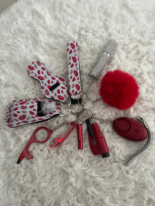 Red Lips Safety Keychain/10 in 1 Keychain Set With Personal Alarm (Battery Included)